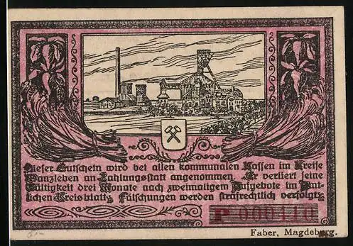 Notgeld Wanzleben 1918, 10 Pfennig, Industrielandschaft und Bergbauzeichen