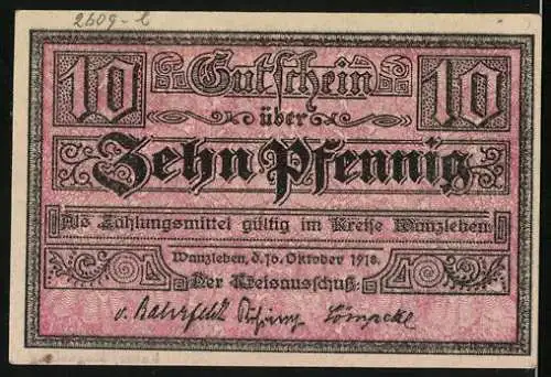 Notgeld Wanzleben 1918, 10 Pfennig, Industrielandschaft und Bergbauzeichen