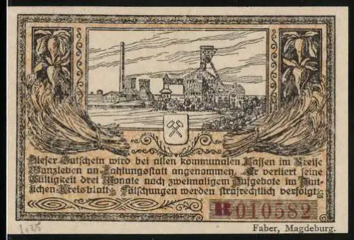 Notgeld Wanzleben, 1920, 50 Pfennig, Industrieanlage und Wappen auf der Vorderseite, Text und Verzierungen