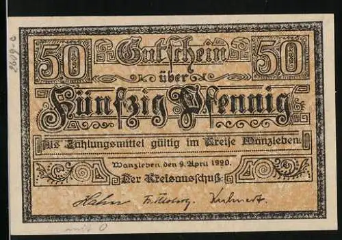 Notgeld Wanzleben 1920, 50 Pfennig, Industrieillustration und Weizenähren, gültig für Zahlungen im Kreise Wanzleben