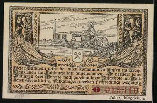 Notgeld Wanzleben 1920, 50 Pfennig, Industrieillustration und Weizenähren, gültig für Zahlungen im Kreise Wanzleben