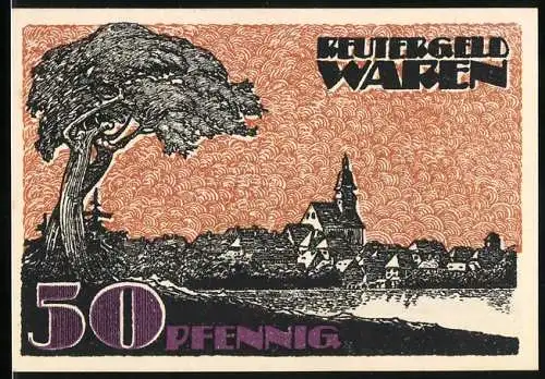 Notgeld Waren, 1921, 50 Pfennig, Reutergeld mit Baum und Stadtansicht auf der Vorderseite, Mann mit Koffer