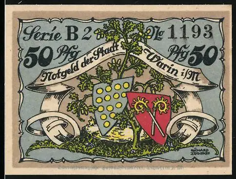 Notgeld Warin, 1922, 50 Pf, Wappen und Stadtansicht