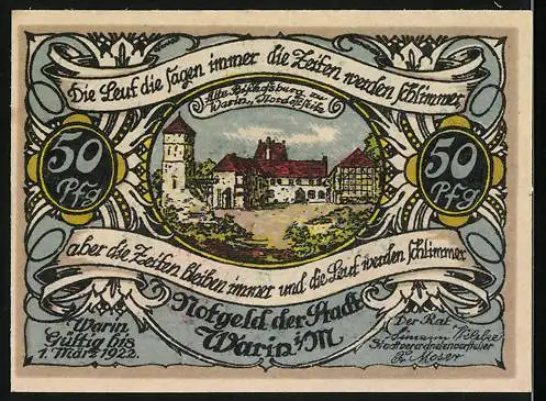 Notgeld Warin, 1922, 50 Pf, Wappen und Stadtansicht