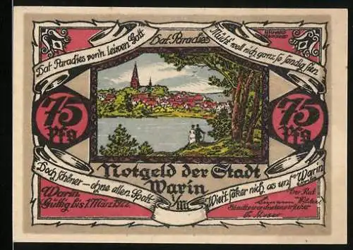 Notgeld Warin, 75 Pfennig, Serie A3 Nr. 4323, Paradiesmotiv mit Stadtansicht und Stadtwappen