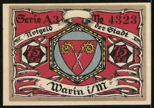 Notgeld Warin, 75 Pfennig, Serie A3 Nr. 4323, Paradiesmotiv mit Stadtansicht und Stadtwappen