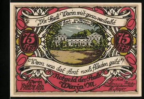 Notgeld Warin, 1921, 75 Pfennig, Stadtansicht und Wappen in rot und gelb, Serie B No 3553