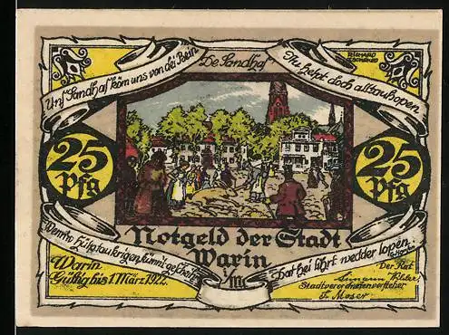 Notgeld Warin, 1921, 25 Pf, Stadtansicht mit Menschen und Wappen mit Schlüsseln