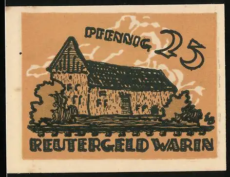 Notgeld Warin, 1922, 25 Pfennig, Reutergeld mit Gebäude und Stadtwappen