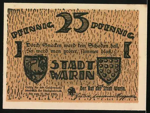 Notgeld Warin, 1922, 25 Pfennig, Reutergeld mit Gebäude und Stadtwappen