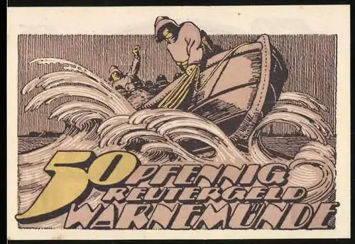 Notgeld Warnemünde, 1922, 50 Pfennig, Reutergeld mit Fischerboot und Küstenansicht