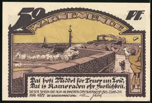 Notgeld Warnemünde, 1922, 50 Pfennig, Reutergeld mit Fischerboot und Küstenansicht