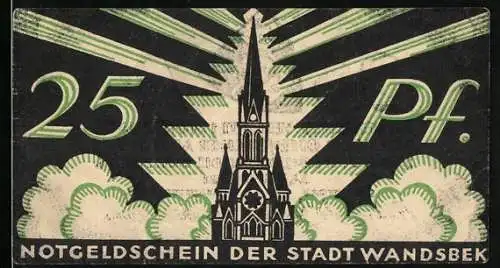 Notgeld Wandsbek, 1921, 25 Pf, Kirche mit Strahlen und städtische Hinweise auf Rückseite