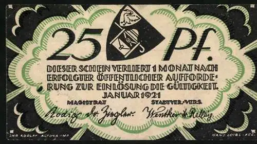 Notgeld Wandsbek, 1921, 25 Pf, Kirche mit Strahlen und städtische Hinweise auf Rückseite