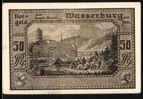 Notgeld Wasserburg am Inn, 1920, 50 Pfennig, Stadtansicht und Wappen, Gutschein über fünfzig Pfennig