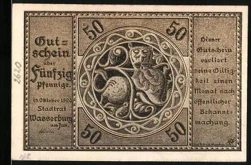 Notgeld Wasserburg 1920, 50 Pfennig, Gutschein mit Löwen und Stadtansicht