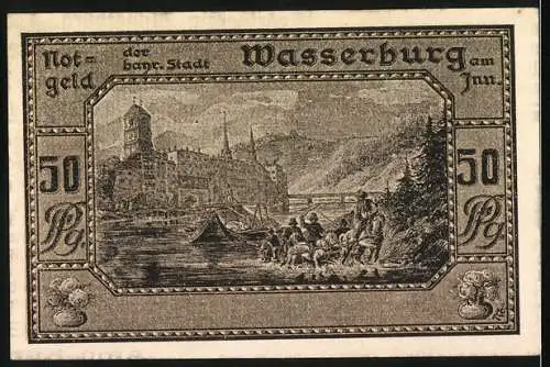 Notgeld Wasserburg 1920, 50 Pfennig, Gutschein mit Löwen und Stadtansicht