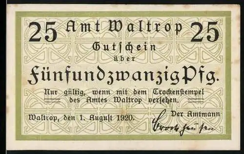 Notgeld Waltrop 1920, 25 Pfennig, Gutschein über fünfundzwanzig Pfennig, Schiffshebewerk Henrichenburg