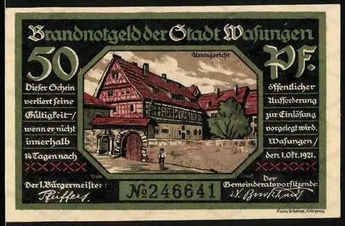 Notgeld Wasungen 1921, 50 Pfennig, Brandnotgeld der Stadt, Amtsgericht und Feuerszene