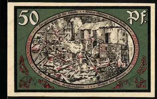 Notgeld Wasungen, 1921, 50 Pf, Darstellung von zerstörten Gebäuden und Text über öffentliche Sicherheit