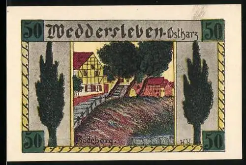 Notgeld Weddersleben 1921, 50 Pfennig, Landschaft mit Fachwerkhäusern und Bäumen, gelb-grüne Rückseite mit Kleeblatt