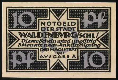 Notgeld Waldenburg in Schlesien 1921, 10 Pfennig, Stadtwappen mit dekorativen Mustern