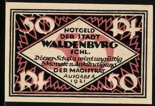 Notgeld Waldenburg 1921, 50 Pfennig, ausgegeben von der Stadt, Schlesien, Vorderseite mit Rautenmotiv
