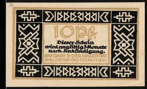 Notgeld Waldenburg 1921, 10 Pf, kunstvolles Design mit Eichenbaum und geometrischen Mustern