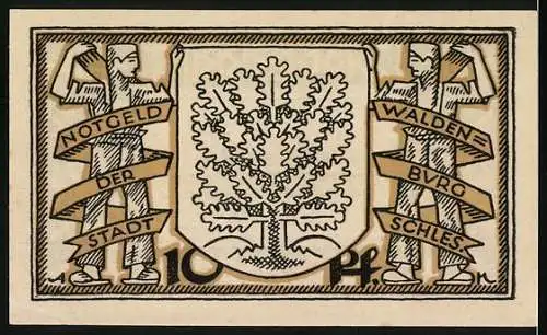 Notgeld Waldenburg 1921, 10 Pf, kunstvolles Design mit Eichenbaum und geometrischen Mustern