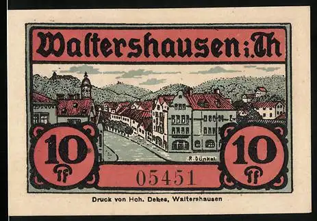 Notgeld Waltershausen, 1921, 10 Pfennig, Stadtansicht und Puppenillustrationen, Seriennummer 05451