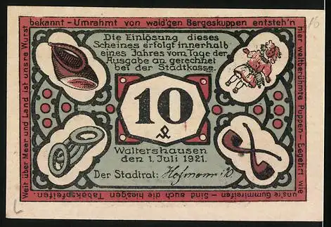 Notgeld Waltershausen, 1921, 10 Pfennig, Stadtansicht und Puppenillustrationen, Seriennummer 05451