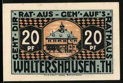 Notgeld Waltershausen 1921, 20 Pf, Rathausansicht und Stadtsiegel mit Bäumen