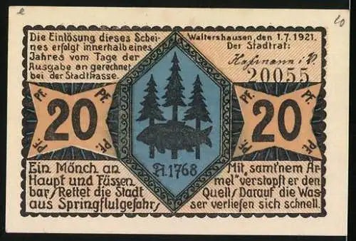 Notgeld Waltershausen 1921, 20 Pf, Rathausansicht und Stadtsiegel mit Bäumen