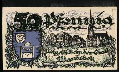 Notgeld Wandsbek 1921, 50 Pfennig, Stadtansicht und Wappen mit Schriftzug