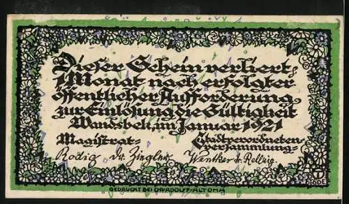 Notgeld Wandsbek 1921, 50 Pfennig, Stadtansicht und Wappen mit Schriftzug