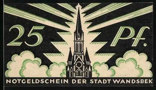Notgeld Wandsbek 1921, 25 Pf., Darstellung einer Kirche mit Lichtstrahlen und Wappen auf der Rückseite