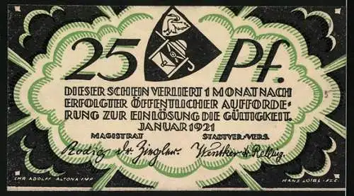 Notgeld Wandsbek 1921, 25 Pf., Darstellung einer Kirche mit Lichtstrahlen und Wappen auf der Rückseite