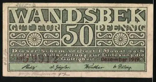 Notgeld Wandsbek, 50 Pfennig, kunstvolles Design mit Text und Signaturen