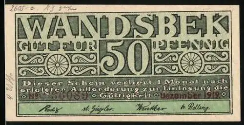 Notgeld Wandsbek, 1919, 50 Pfennig, grün-braun mit dekorativen Schriftzügen und Radmotiven