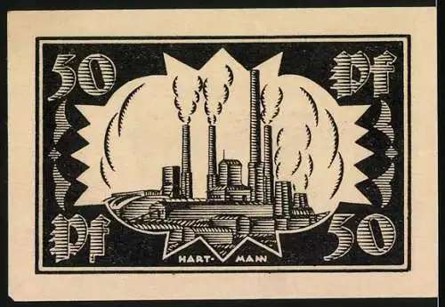 Notgeld Waldenburg, 1921, 50 Pf, industrielles Motiv und dekorativer Rahmen
