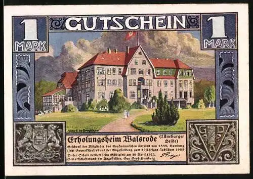 Notgeld Walsrode, 1922, 1 Mark, Erholungsheim und Zug Hamburger Kaufleute durch die Heide um 1800