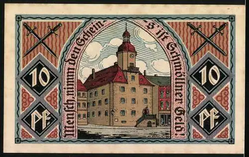 Notgeld Schmölln, 1921, 10 Pfennig, Stadtwappen mit Frau und Kind, Rathausabbildung