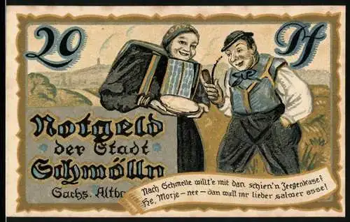 Notgeld Schmölln 1921, 20 Pf, Illustration von zwei Personen und Stadtwappen mit Mutter und Kind