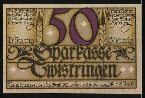 Notgeld Twistringen, 1921, 50 Pfennig, Frau mit Getreidebündel zwischen Kornähren und Wertzahl im Hintergrund
