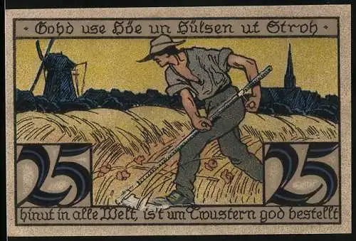 Notgeld Twistringen, 1921, 25 Pfennig, Bauer mit Sense auf einem Weizenfeld und Windmühle im Hintergrund