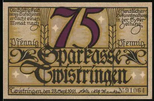 Notgeld Twistringen 1921, 75 Pfennig, Sparkasse Twistringen, Frau mit Schwein und Glocken, Seriennummer 91064