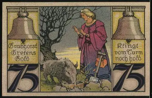 Notgeld Twistringen 1921, 75 Pfennig, Sparkasse Twistringen, Frau mit Schwein und Glocken, Seriennummer 91064