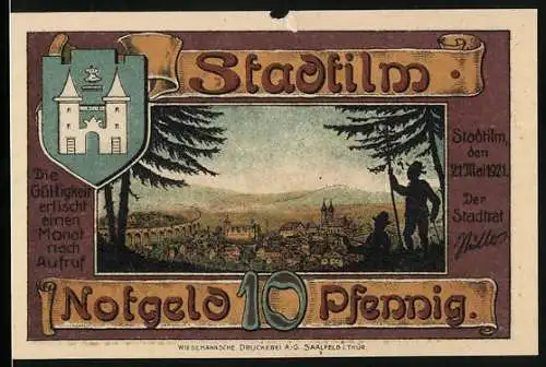 Notgeld Stadtilm 1921, 10 Pfennig, Stadtansicht und Handwerkerillustrationen