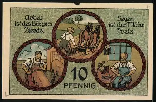 Notgeld Stadtilm 1921, 10 Pfennig, Stadtansicht und Handwerkerillustrationen