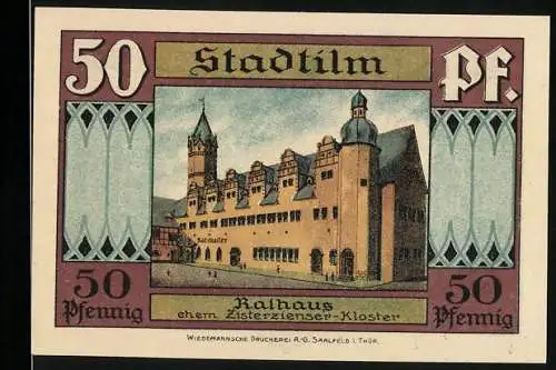 Notgeld Stadtilm, 1921, 50 Pfennig, Rathaus und Kryptaabbildung